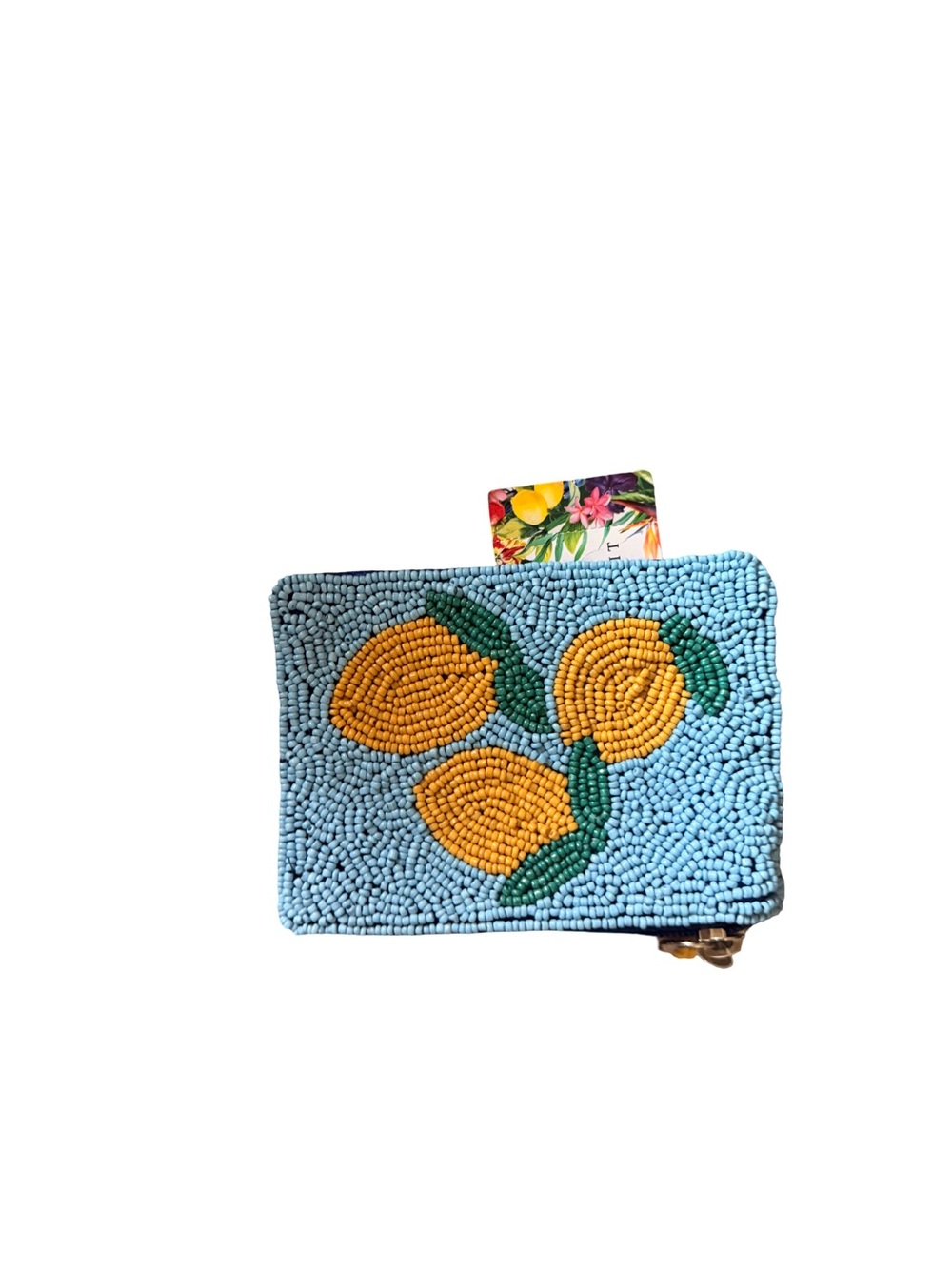 Source Unknown Blue Beaded Clutch Wallet with Yellow Lemon Motif